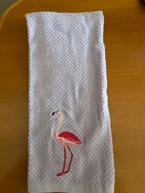 White Embroidered Flamingo Hand Towel